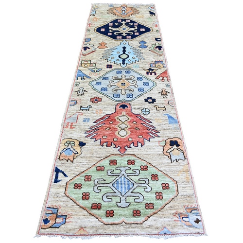 Tan Color, Anatolian Village Inspired with Large Design Elements and Bird Figurines Vegetable Dyes, Extra Soft  Wool Hand Knotted Oriental Runner Rug