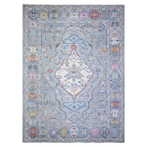 Cloud Gray, Anatolian Village Inspired with Large Medallion Vegetable Dyes, Pure Wool Hand Knotted, Oriental Rug