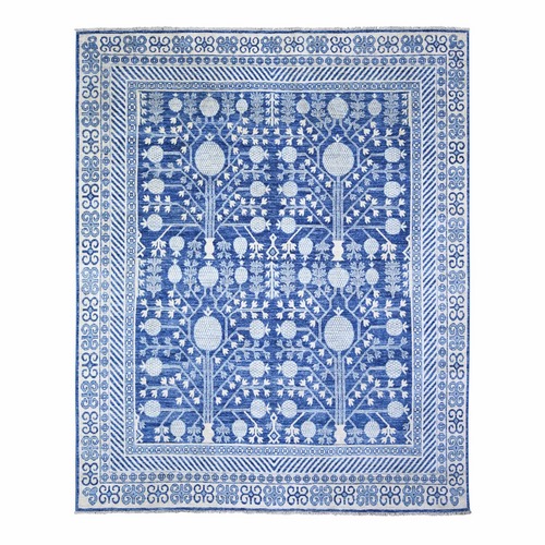 Boeing Blue, White Wash Khotan Inspired Pomegranate Design, High Grade Wool, Hand Knotted, Oriental Rug
