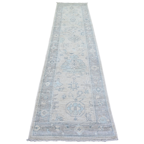 Timberwolf Gray, Afghan Angora Oushak with Faded Colors, Natural Dyes, 100% Wool, Hand Knotted, Runner Oriental 