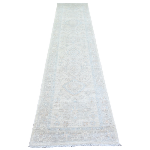 Ivory, White Wash Peshawar with Large Medallions Natural Dyes, Pure Wool Hand Knotted, Runner Oriental Rug 