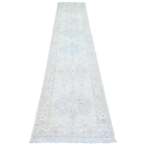 Ivory, White Wash Peshawar with Large Geometric Motifs Natural Dyes, Pure Wool Hand Knotted, Runner Oriental 