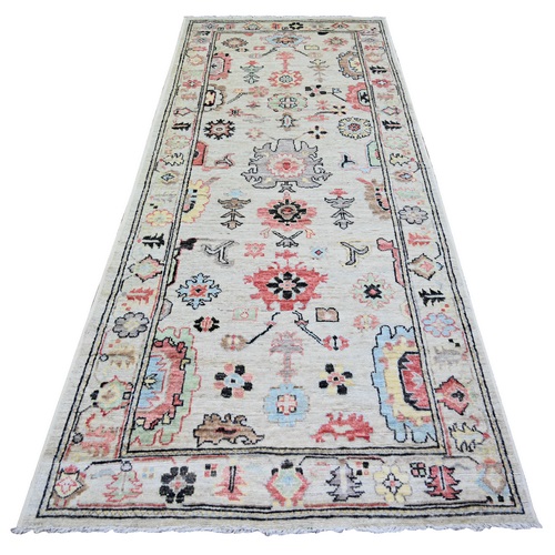 Cloud Gray, Afghan Angora Oushak with Colorful Leaf Design, Hand Knotted, Pure Wool, Natural Dyes, Wide Runner Oriental 