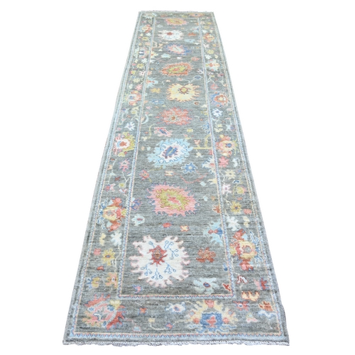 Nevada Gray, Afghan Angora Oushak with Colorful Leaf Design, Hand Knotted, Pure Wool, Natural Dyes Oriental Runner 