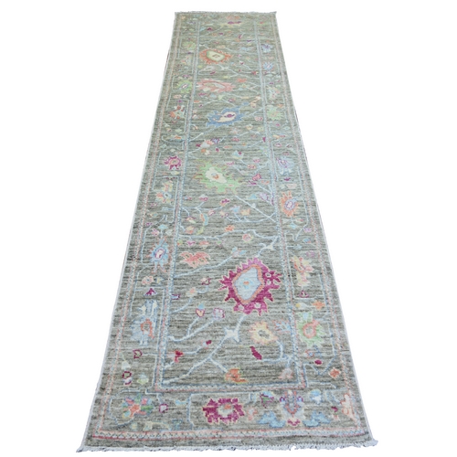 Battleship Gray, Afghan Angora Oushak with Large Leaf Design, Hand Knotted Pure Wool, Natural Dyes Oriental Runner 