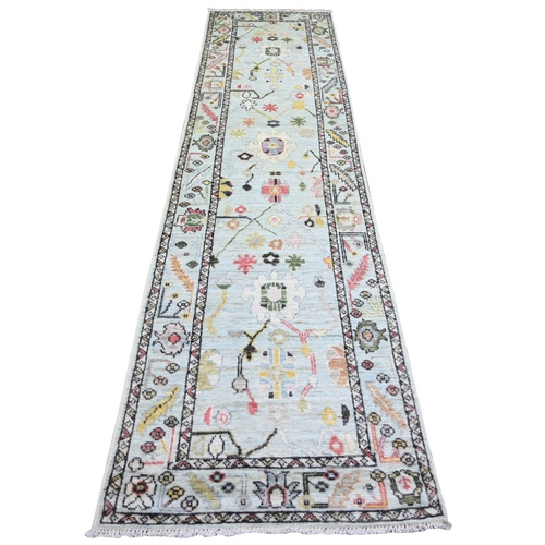 Sky Blue, Afghan Angora Oushak with Colorful Pattern Natural Dyes, Pure Wool Hand Knotted, Runner Oriental Rug