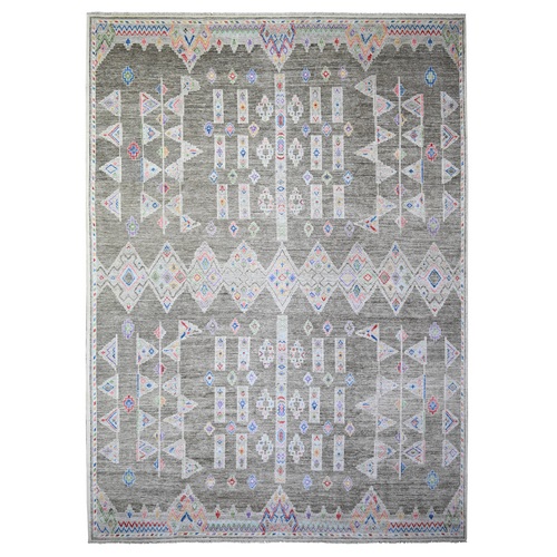 Ash Gray, Finer Peshawar with Intricate Geometric Motifs Natural Dyes, 100% Wool Hand Knotted, Oriental 