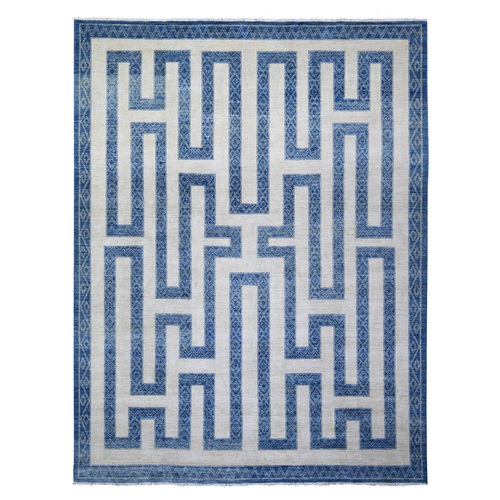 Denim Blue, Pure Wool Hand Knotted, Finer Peshawar with Intricate Geometric Motifs Maze Design Natural Dyes, Oriental 