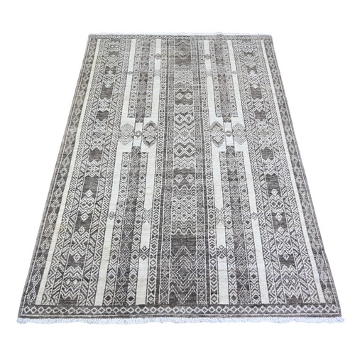 Taupe Brown, Natural Dyes Finer Peshawar with Intricate Geometric Motifs, Extra Soft Wool Hand Knotted, Oriental Rug