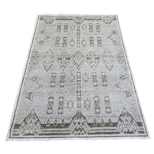 Ash Gray, Pure Wool Hand Knotted, Fine Peshawar with Intricate Geometric Motifs Natural Dyes, Oriental 