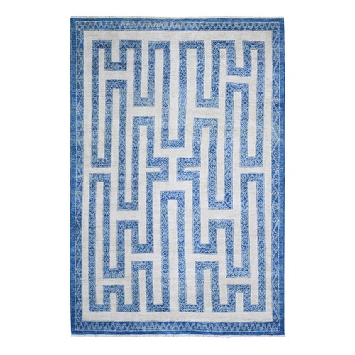 Denim Blue, Pure Wool Hand Knotted, Finer Peshawar with Intricate Geometric Motifs Maze Design Natural Dyes, Oriental Rug