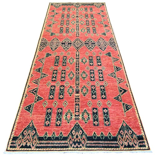 Crimson Red, Fine Peshawar with Intricate Geometric Motifs Vegetable Dyes, Soft Wool Hand Knotted, Wide Runner Oriental 