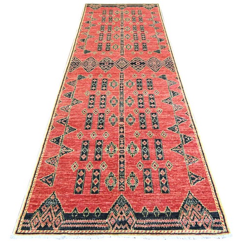 Crimson Red, Fine Peshawar with Intricate Geometric Motifs Vegetable Dyes, 100 % Wool Hand Knotted, Wide Runner Oriental 