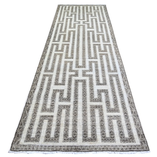 Taupe Brown, Hand Knotted Extra Soft Wool, Natural Dyes Fine Peshawar with Intricate Geometric Motifs Maze Design, Runner Oriental Rug