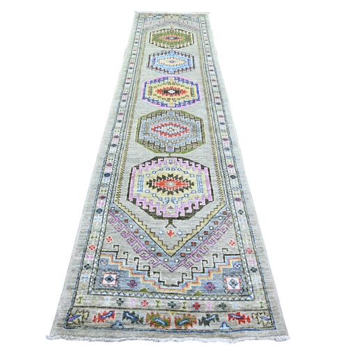 Thunder Gray, Afghan Angora Oushak with Pop Of Colors Natural Dyes, 100% Wool Hand Knotted, Runner Oriental 