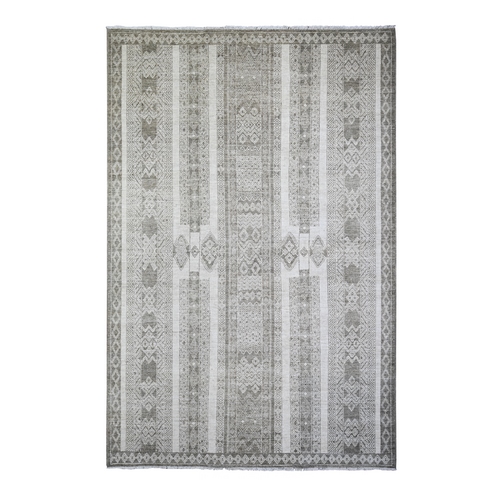 Taupe Brown, Extra Soft Wool Hand Knotted, Natural Dyes Finer Peshawar with Intricate Geometric Motifs, Oriental Rug
