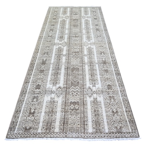 Taupe Brown, Extra Soft Wool Hand Knotted, Natural Dyes Finer Peshawar with Intricate Geometric Motifs, Runner Oriental Rug