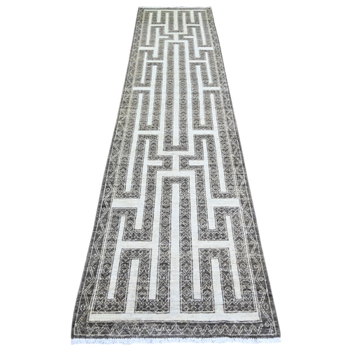 Taupe Brown, Hand Knotted Pure Wool, Natural Dyes Fine Peshawar with Intricate Geometric Motifs Maze Design, Runner Oriental Rug