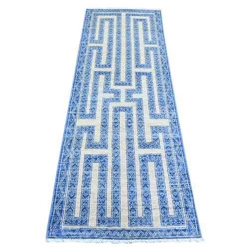 Denim Blue, Soft Wool Hand Knotted, Vegetable Dyes Fine Peshawar with Intricate Geometric Motifs Maze Design, Runner Oriental Rug