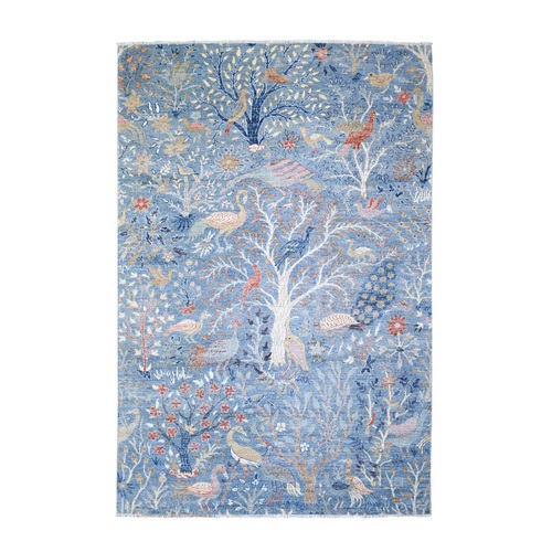 Ruddy Blue, Afghan Peshawar with Birds of Paradise Design, Natural Dyes, Pure Wool, Hand Knotted, Oriental Rug