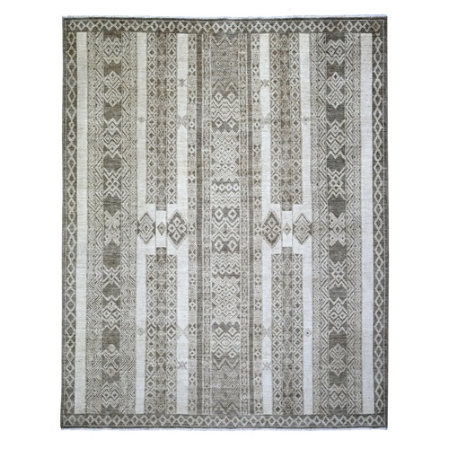 Taupe Brown, Vegetable Dyes Fine Peshawar with Intricate Geometric Motifs, Pure Wool Hand Knotted, Oriental Rug