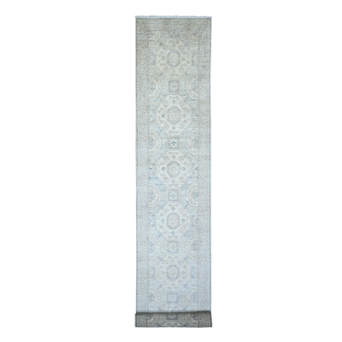 Beau Blue, Stone Wash Peshawar with Geometric Design, Vegetable Dyes, Soft Wool, Hand Knotted, XL Runner Oriental 