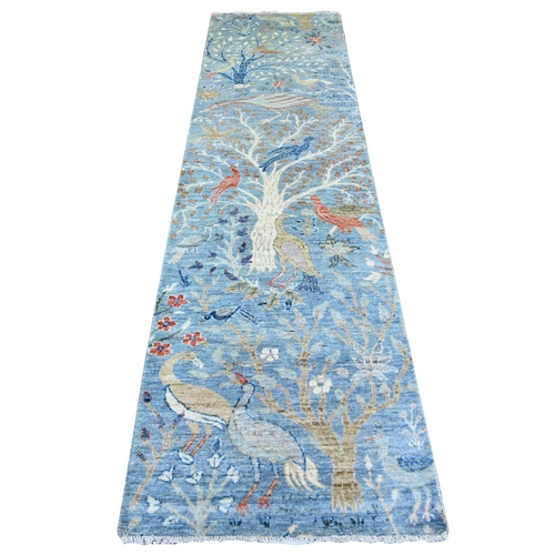 Steel Blue, Afghan Peshawar with Birds Of Paradise Natural Dyes, Pure Wool Hand Knotted, Runner Oriental 