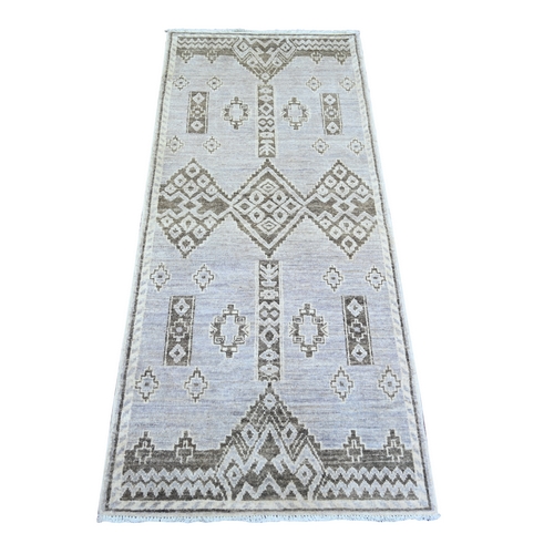 Ash Gray, Pure Wool Hand Knotted, Fine Peshawar with Intricate Geometric Motifs Natural Dyes, Runner Oriental 