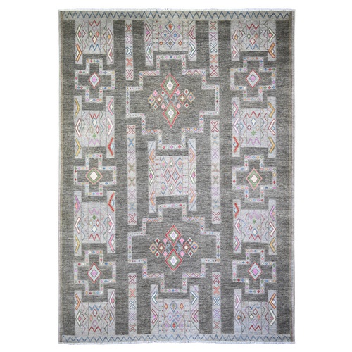 Cloud Gray, Fine Peshawar with Intricate Geometric Motifs Vegetable Dyes, Extra Soft Wool Hand Knotted, Oriental 