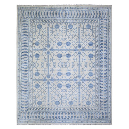White Diamond, High Grade Wool, White Wash Samarkand with Pomegranate Ancient Garden Multiple Repetitive Small Border Design, Hand Knotted, Oriental 
