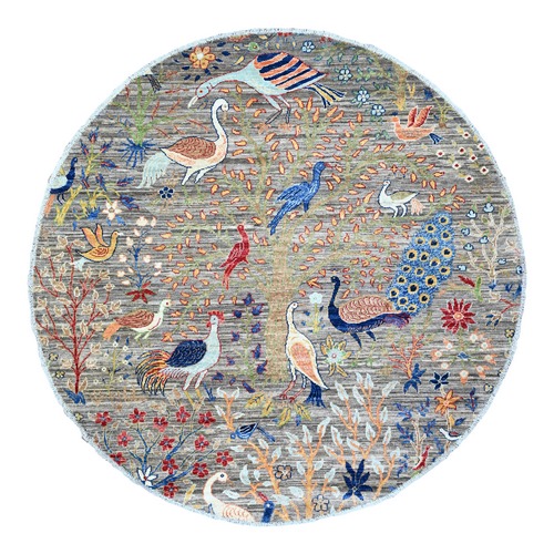 Carbon Gray, Afghan Peshawar with Birds of Paradise, Abrash,Hand Knotted, Natural Dyes, Pure Wool, Round Oriental Rug