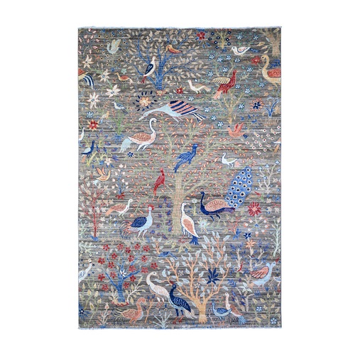 Davy's Gray, Hand Knotted, Afghan Peshawar with Birds of Paradise Design, Abrash, Vegetable Dyes, Natural Wool, Oriental Rug