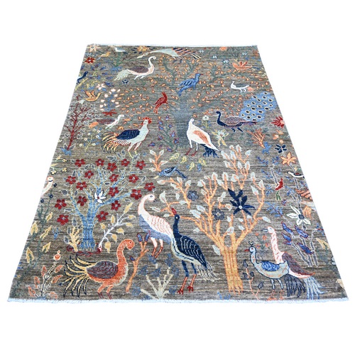 Warm Gray, Natural Dyes, Natural Wool,  Hand Knotted, Afghan Peshawar With Birds Of Paradise Design, Oriental Rug