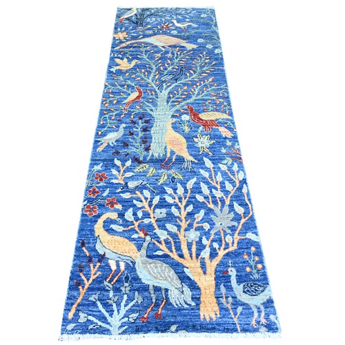 Egyptian Blue, Hand Knotted Afghan Peshawar with Birds of Paradise, Abrash, Vegetable Dyes, Pure Wool, Runner Oriental Rug