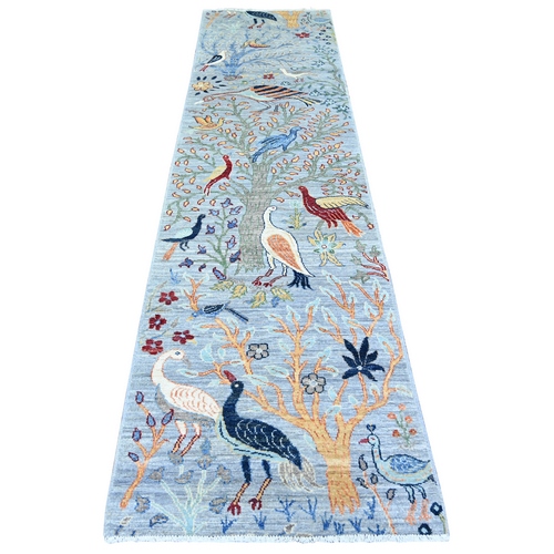 Glaucous Gray, Afghan Peshawar with Birds of Paradise Design, Abrash, Natural Dyes, Extra Soft Wool, Hand Knotted, Runner Oriental Rug