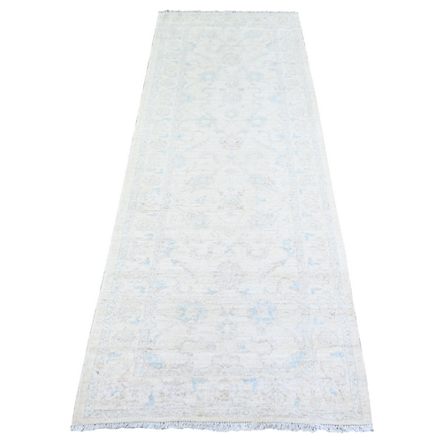 Rose White, Natural Dyes, Shiny Wool, Hand Knotted, White Wash Peshawar with Faded Design, Runner Oriental 