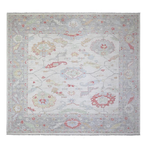 Delicate White and Misty Grey, Afghan Angora Oushak with All over  Motifs, Natural Dyes, Pure Wool, Hand Knotted, Square Oriental 