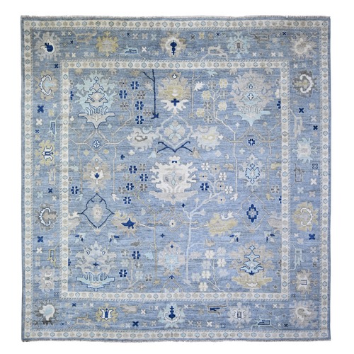 Yonder Blue, Afghan Angora Oushak with All Over Motifs Natural Dyes, Pure Wool Hand Knotted, Square Oriental 