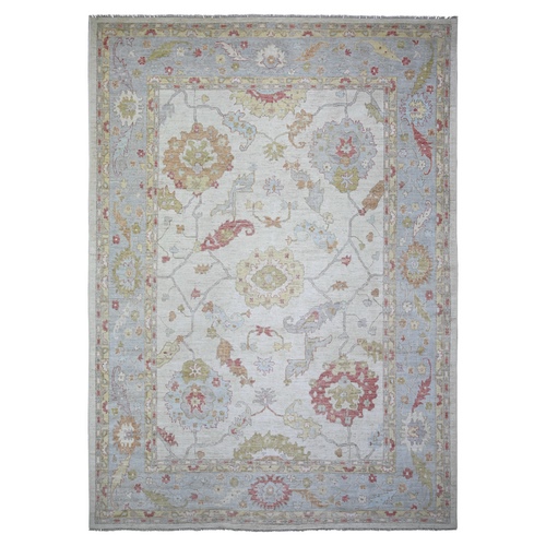 Cascading White with Glaucous Blue, Afghan Angora Oushak with Large Motifs Vegetable Dyes, Natural Wool, Hand Knotted, Oriental Rug