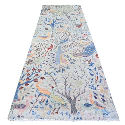 Stone Eagle Gray, Vegetable Dyes, Afghan Peshawar with Colorful Birds Paradise, Organic Wool, Hand Knotted, Wide Runner Oriental 
