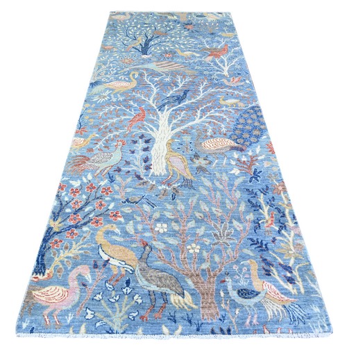 Berry Blue, Natural Dyes, Afghan Peshawar with Birds of Paradise Design, Natural Wool, Hand Knotted, Wide Runner Oriental 