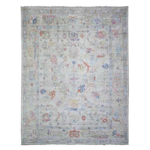 Cloud Gray, Natural Wool Hand Knotted, Afghan Angora Oushak with Colorful Motifs Vegetable Dyes, Oriental Rug 