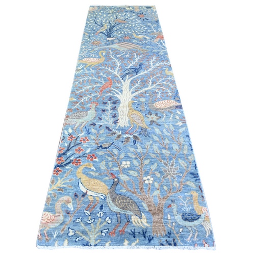 Glaucous Blue, Afghan Peshawar with Birds of Paradise Design, Pure Wool, Hand Knotted, Natural Dyes, Runner Oriental Rug 