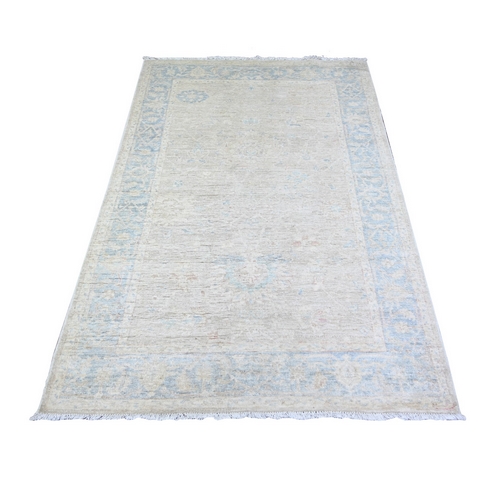 Gainsboro and Glaucous Gray, Shiny Wool, Vegetable Dyes, Hand Knotted, White Wash Peshawar with Faded Design, Oriental 