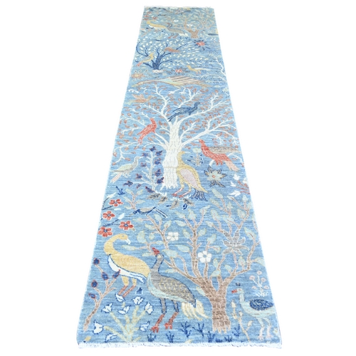 Alaskan Blue, Soft Wool, Hand Knotted, Afghan Peshawar with Birds of Paradise, Vegetable Dyes, Runner Oriental 