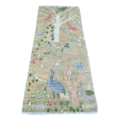 Xanadu Green, Afghan Peshawar with Birds of Paradise Design, Hand Knotted, Natural Dyes, Organic Wool, Short Runner Oriental 