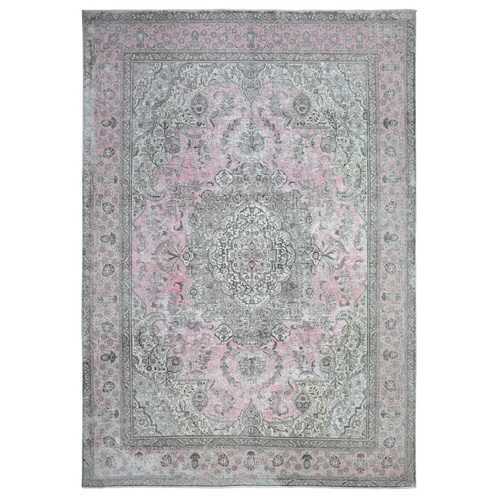 Blush Pink, Vintage Tabriz, Distressed Look, Cropped Thin, Worn Out, Soft Wool, Hand Knotted, Oriental Rug