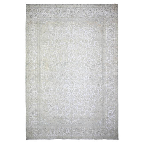 Daisy White, Sheared Low, Vintage Tabriz, Worn Out and Distressed Look, Cropped Thin, Zero Pile , Natural Wool, Hand Knotted, Oversized Oriental Rug