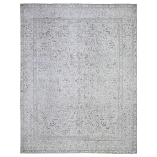 Light Gray, Sheared Low, Zero Pile, Worn Out and Distressed Look, Cropped Thin, Extra Soft Wool, Hand Knotted, Sheared Low, Vintage Tabriz, All Over Design, Oversized Oriental Rug
