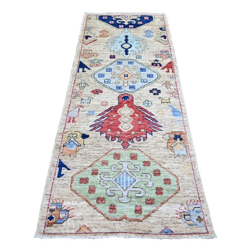 Tan Color, Anatolian Village Inspired with Large Design Elements and Bird Figurines Pure Wool Hand Knotted Oriental Runner Rug